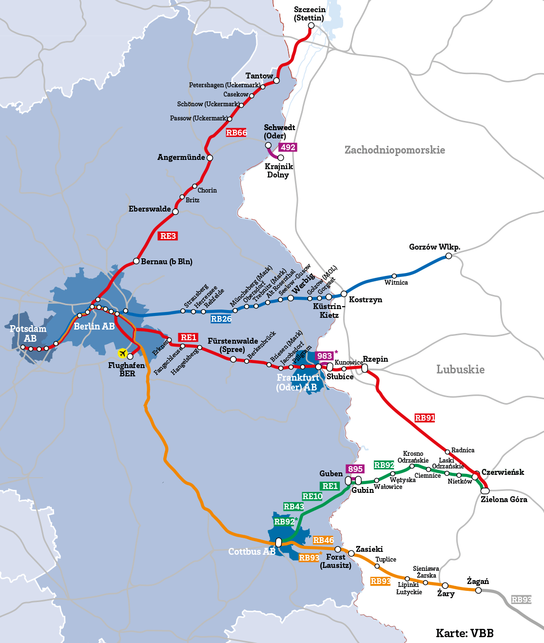 Karte mit Zugverbindungen zwischen Berlin, Brandenburg und Polen