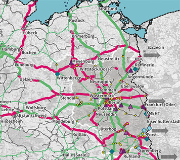 Karte des Bestandsnetzes des Schienengüterverkehr mit geplanten Bauarbeiten