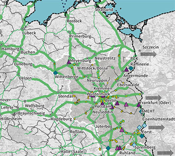 Karte des geplanten Netzes des Schienengüterverkehrs in 2045