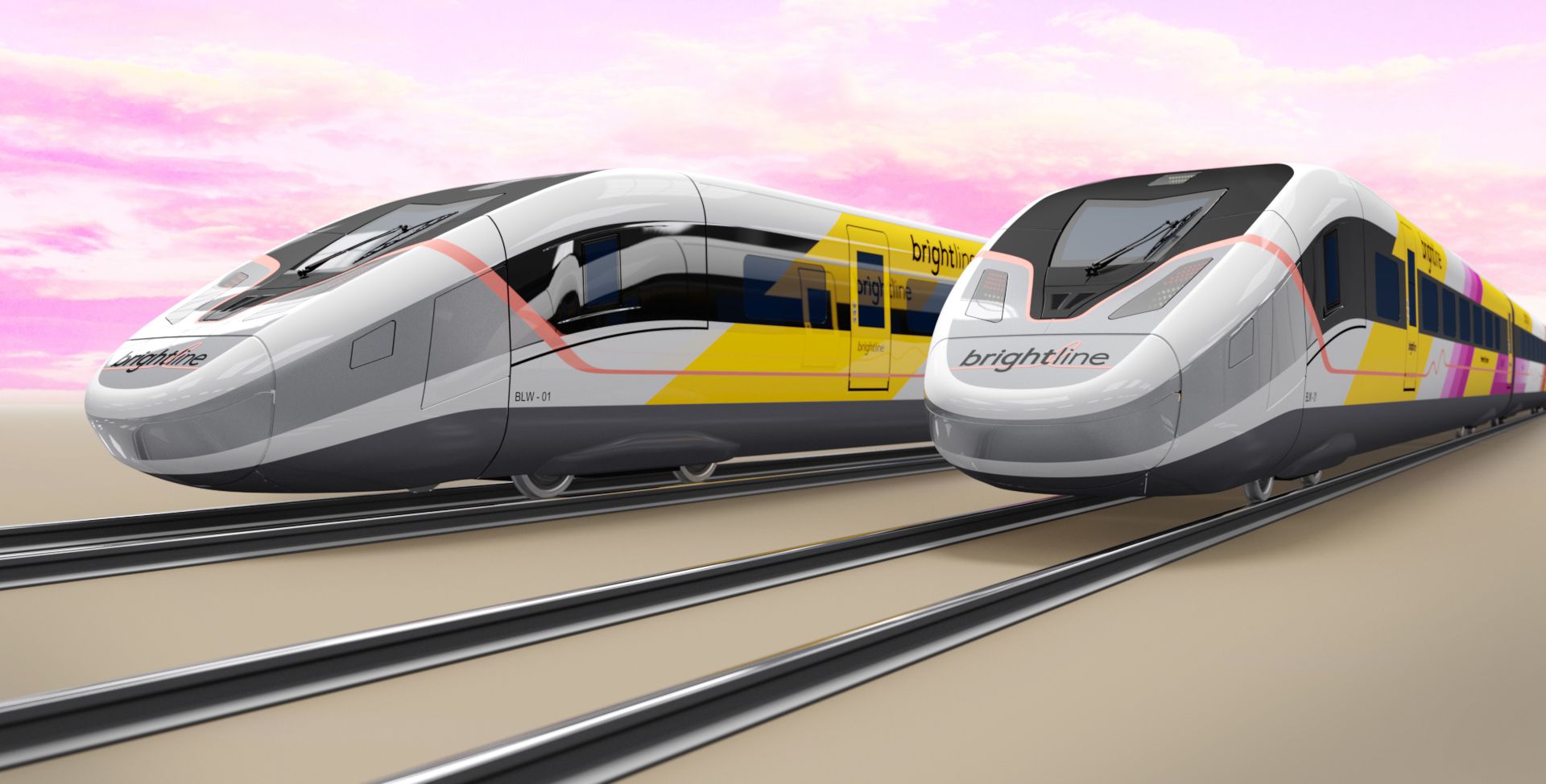 Zwei moderne Hochgeschwindigkeitszüge der Marke Brightline auf parallelen Gleisen vor einem rosa- und orangefarbenen Himmel bei Sonnenuntergang. Die Züge sind stromlinienförmig gestaltet, mit weißer, gelber und pinker Farbgebung sowie dem Brightline-Logo auf den Seiten. Der Vordergrund zeigt die Frontpartie der Züge mit markantem Design und großen Frontscheiben. Die Szene vermittelt einen futuristischen und dynamischen Eindruck.