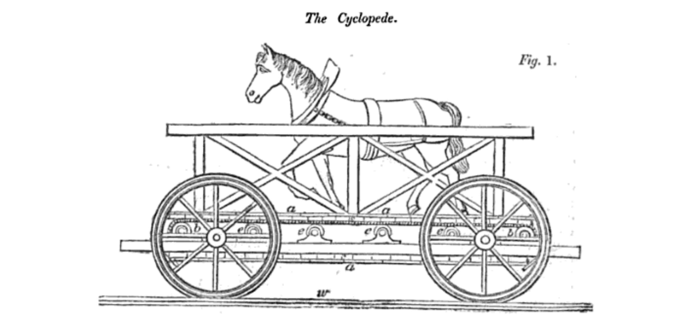 Eine Zeichnung der Cycloped, einer einzigartigen pferdebetriebenen Lokomotive, die an den Rainhill Trials von 1829 teilnahm. Sie zeigt ein Pferd, das in einem Tretmühlenmechanismus läuft, um die Lokomotive anzutreiben.