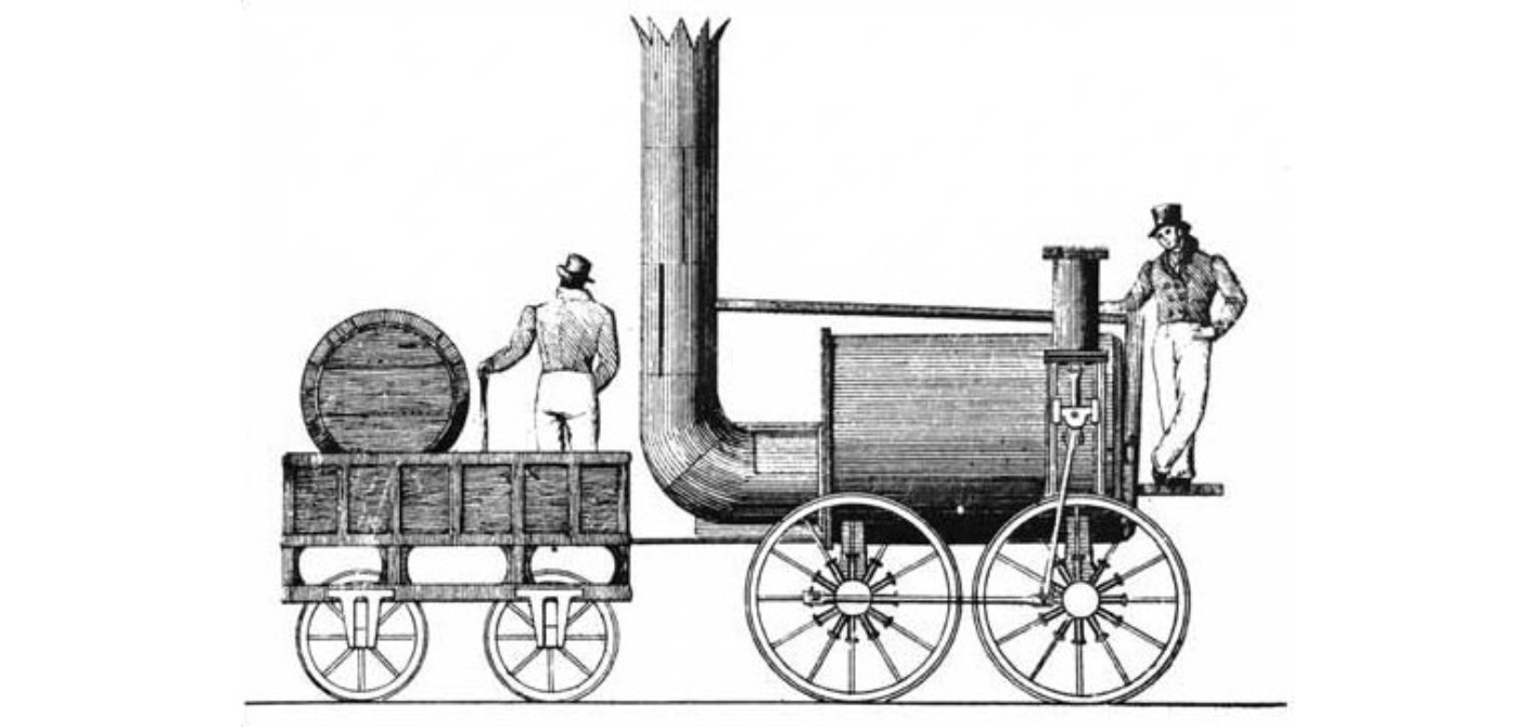 Die Sans Pareil Lokomotive, eine frühe Dampflokomotive mit einem großen, zylindrischen Kessel und zwei Wagen, die von einem Mann mit einem Zylinderhut auf einer Plattform stehen.